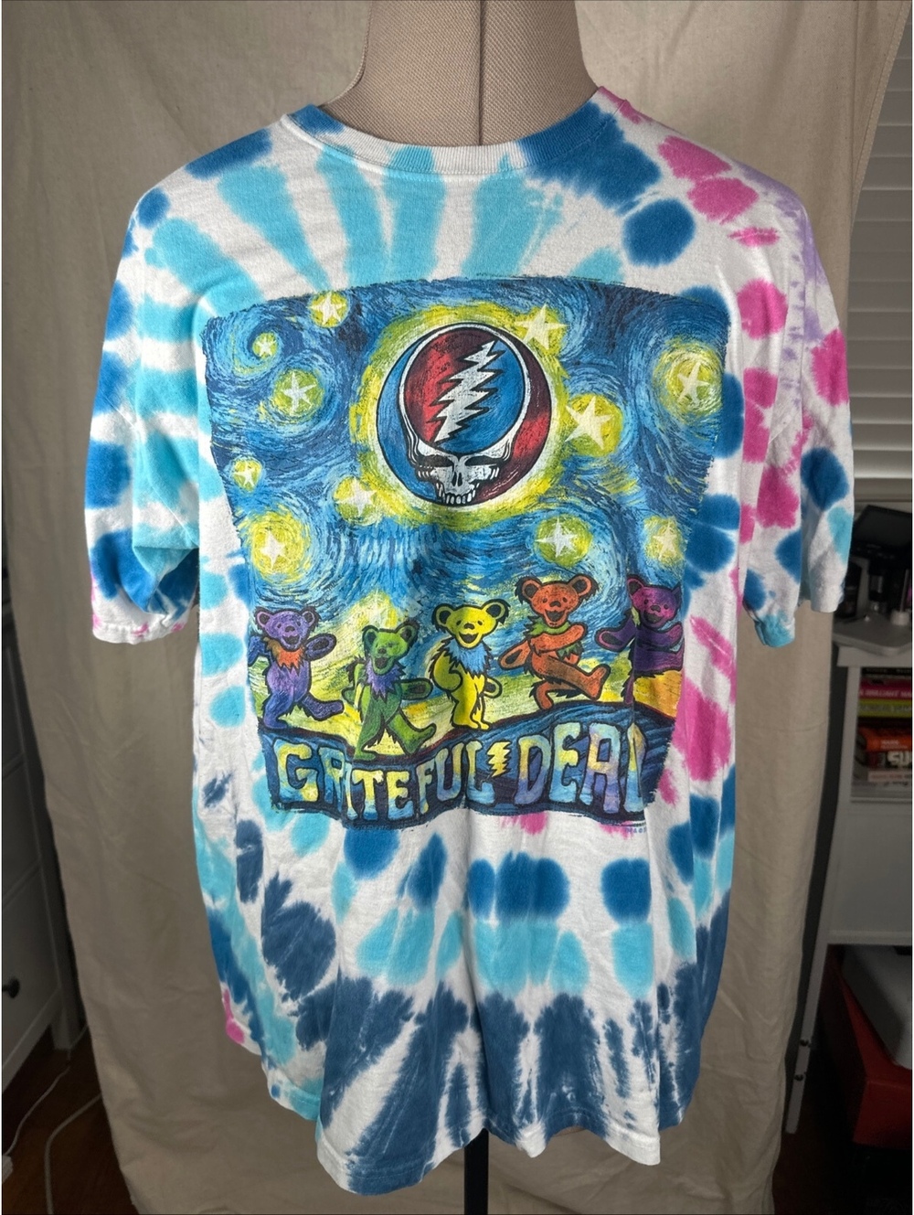 Grateful Dead Starry Night Bears Tie Dye T Shirt XL Liquid Blue Steal Your Face